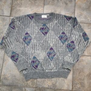 Vintage 90s Sears Men's Store XL Abstract Geometric Argyle Fuzzy Grandpa Sweater